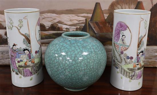 A pair of Chinese sleeve vases and a crackleware vase pair 28cm